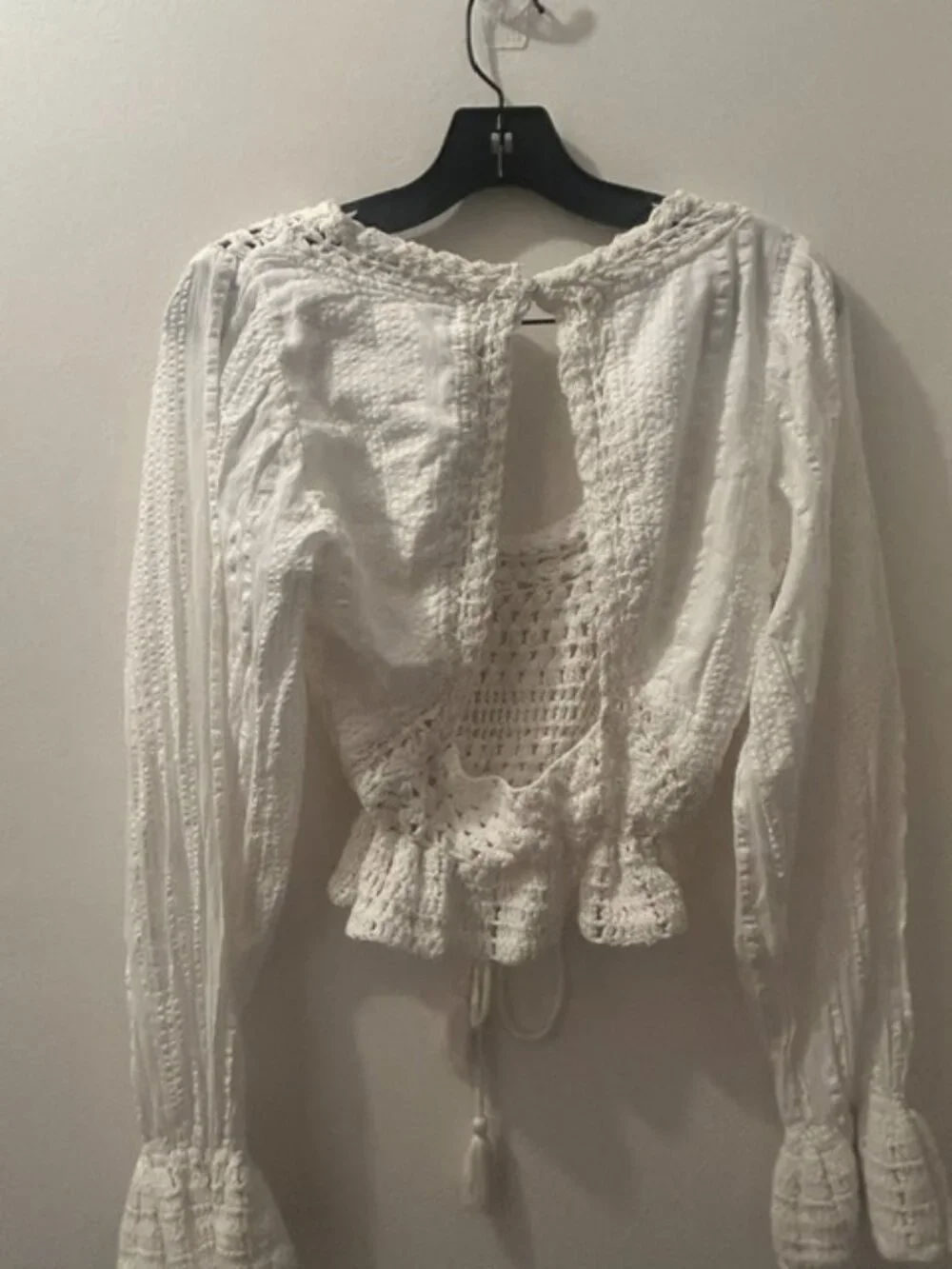 Free People Megan Crochet Ivory Scoop Neck Ruffle Hem Tie Keyhole Back Top NWT